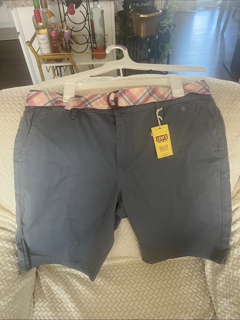 Levi's Slate Blue Women's Flat-Front Shorts with Pink Plaid Waistband